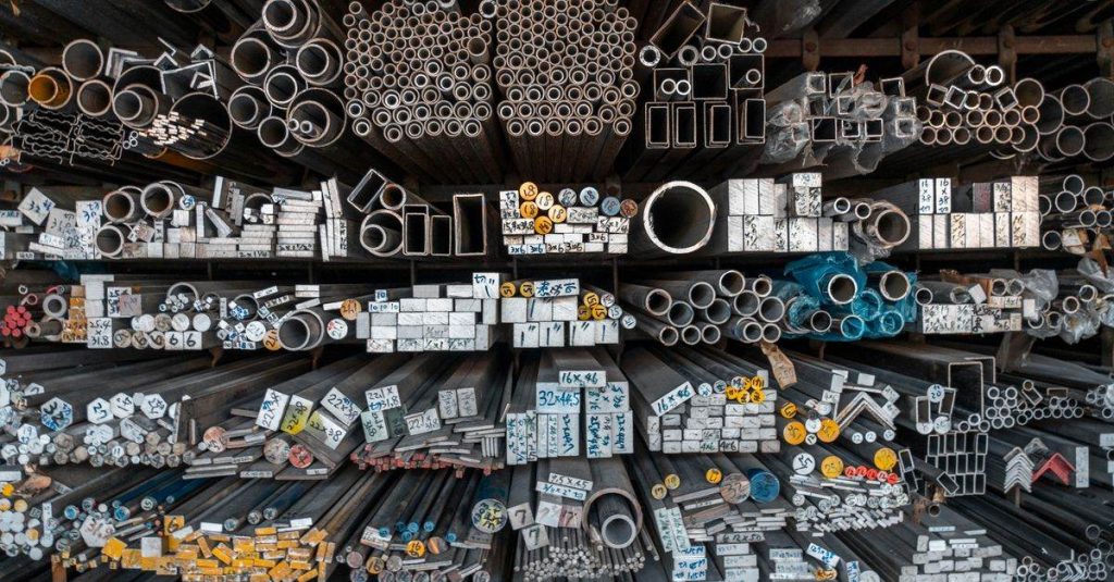 A detailed assortment of metal bars, tubes, and pipes stored on shelves in an industrial setting.