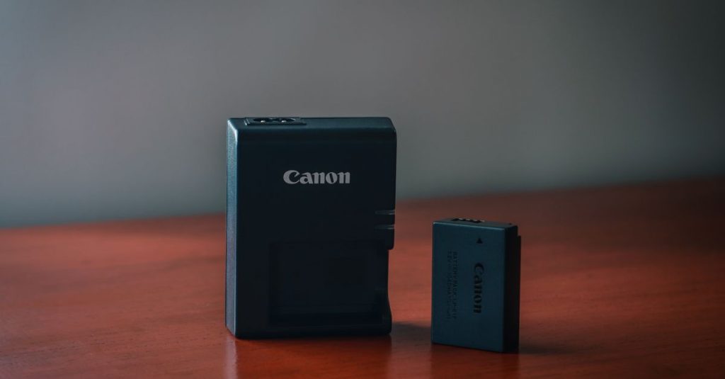 Close-up of a Canon battery and charger on a wooden table with a blurred background.