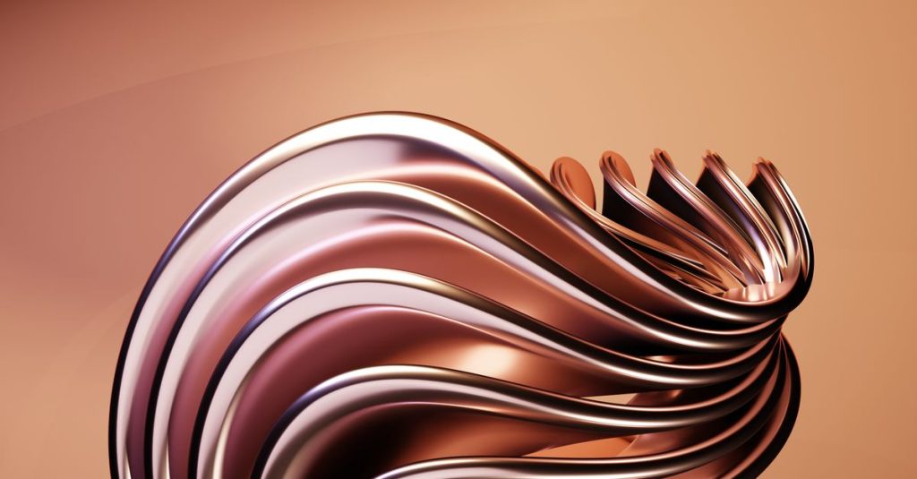 Stunning abstract 3D metallic swirl sculpture with flowing lines and copper tones.