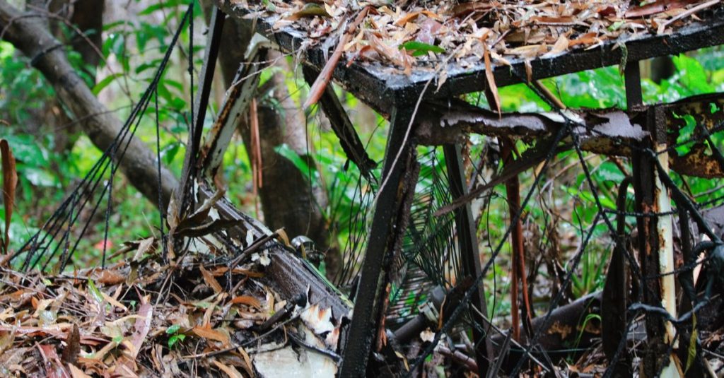 Close-up of an abandoned rusty metal structure covered in autumn leaves outdoors.