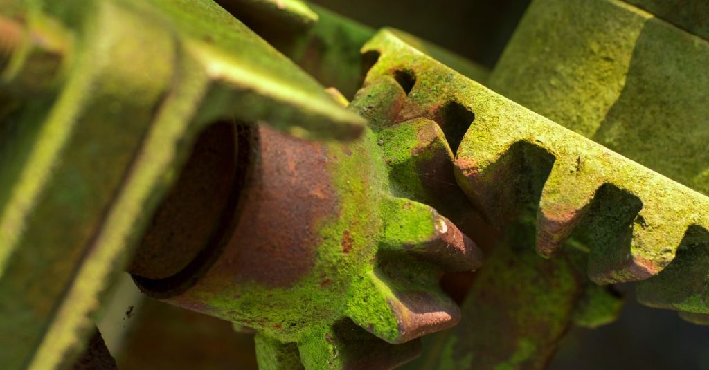 Close-up of a rusted industrial gear with green moss, showcasing decay and weathering.