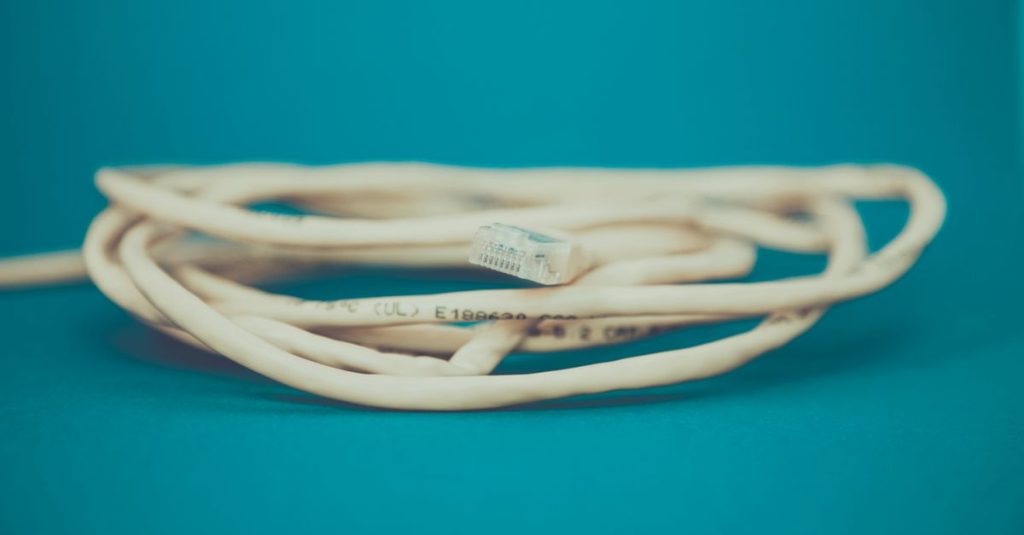 A detailed close-up of a coiled Ethernet cable with an RJ-45 connector against a teal background.