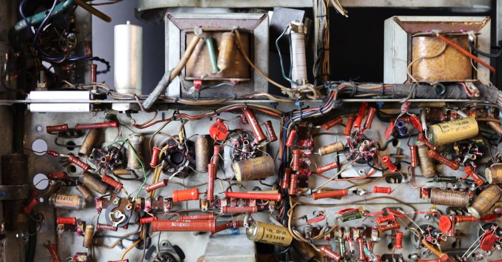 Detailed view of a retro electronics board with wires and components.