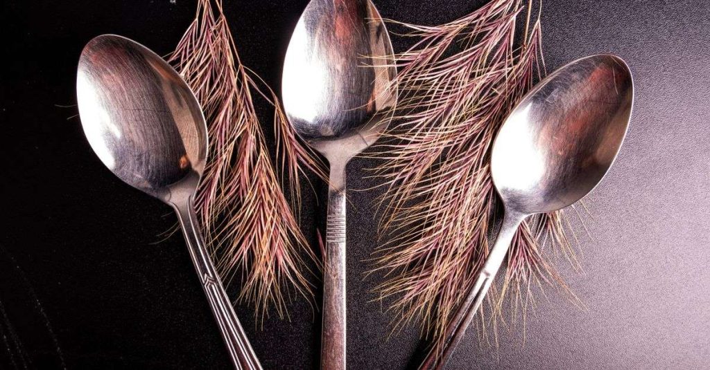 Merkez Hurdacı Three metallic spoons creatively arranged with pine leaves on a textured surface.