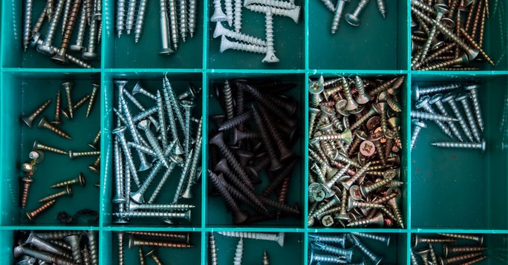A well-organized toolbox displaying various types of screws, ideal for DIY enthusiasts.