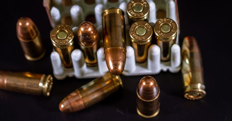 Detailed view of copper bullets and cartridge cases in a container against a dark background.