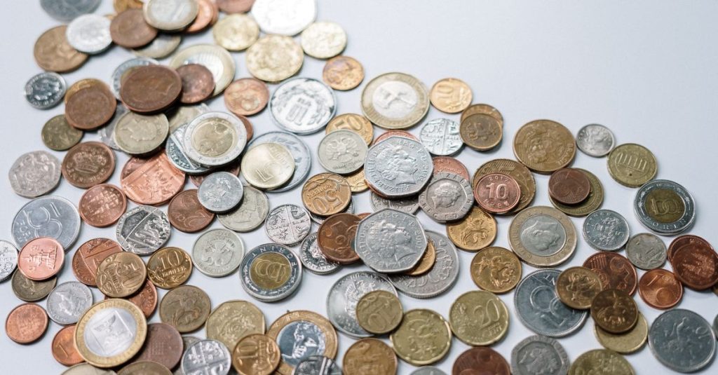 Rize Hurdacı A variety of international coins scattered on a light background, showcasing different currencies.