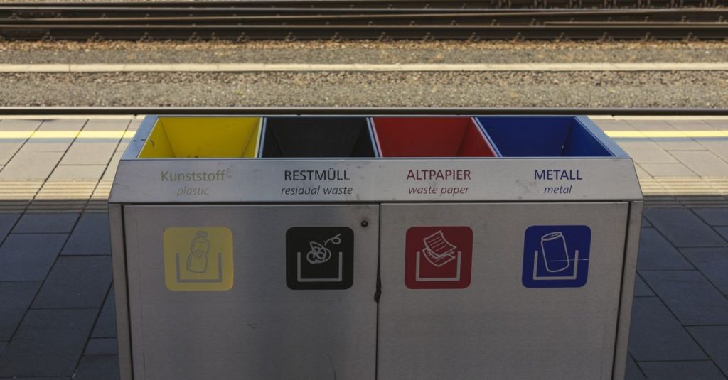 Yenişehir Hurdacı Color-coded recycling bins at a train station, promoting waste separation and environmental sustainability.